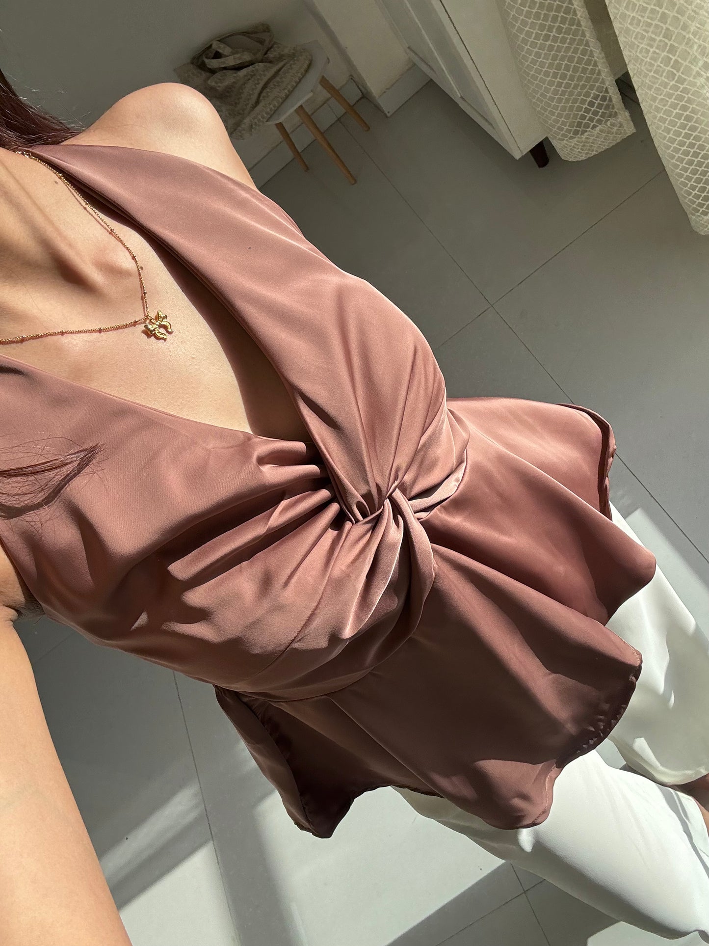 Mocha Brown Satin Halter Neck Top