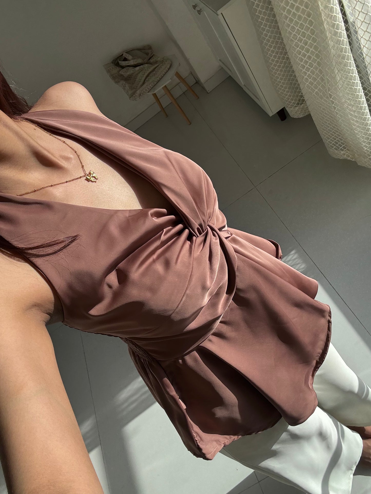 Mocha Brown Satin Halter Neck Top