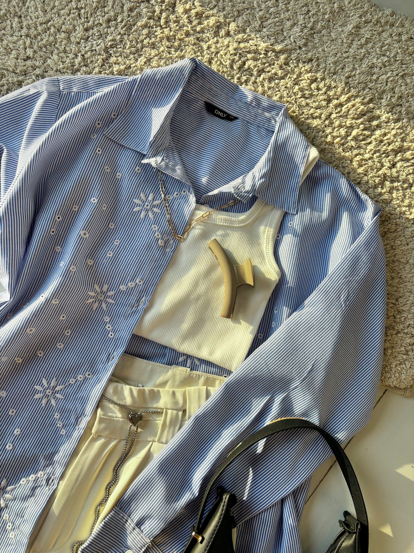 Blue Embroidery Striped Shirt