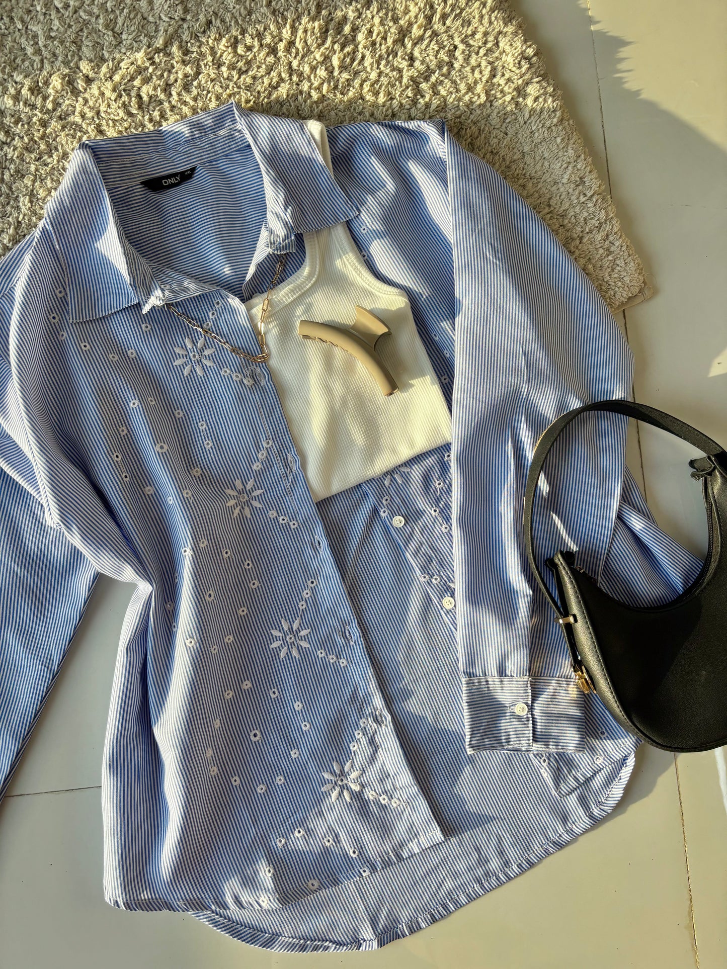 Blue Embroidery Striped Shirt