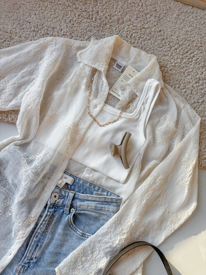 Off white Sheer Embroidery Shirt