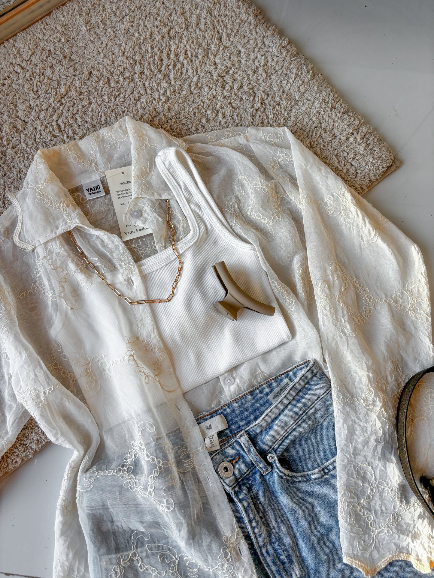 Off white Sheer Embroidery Shirt