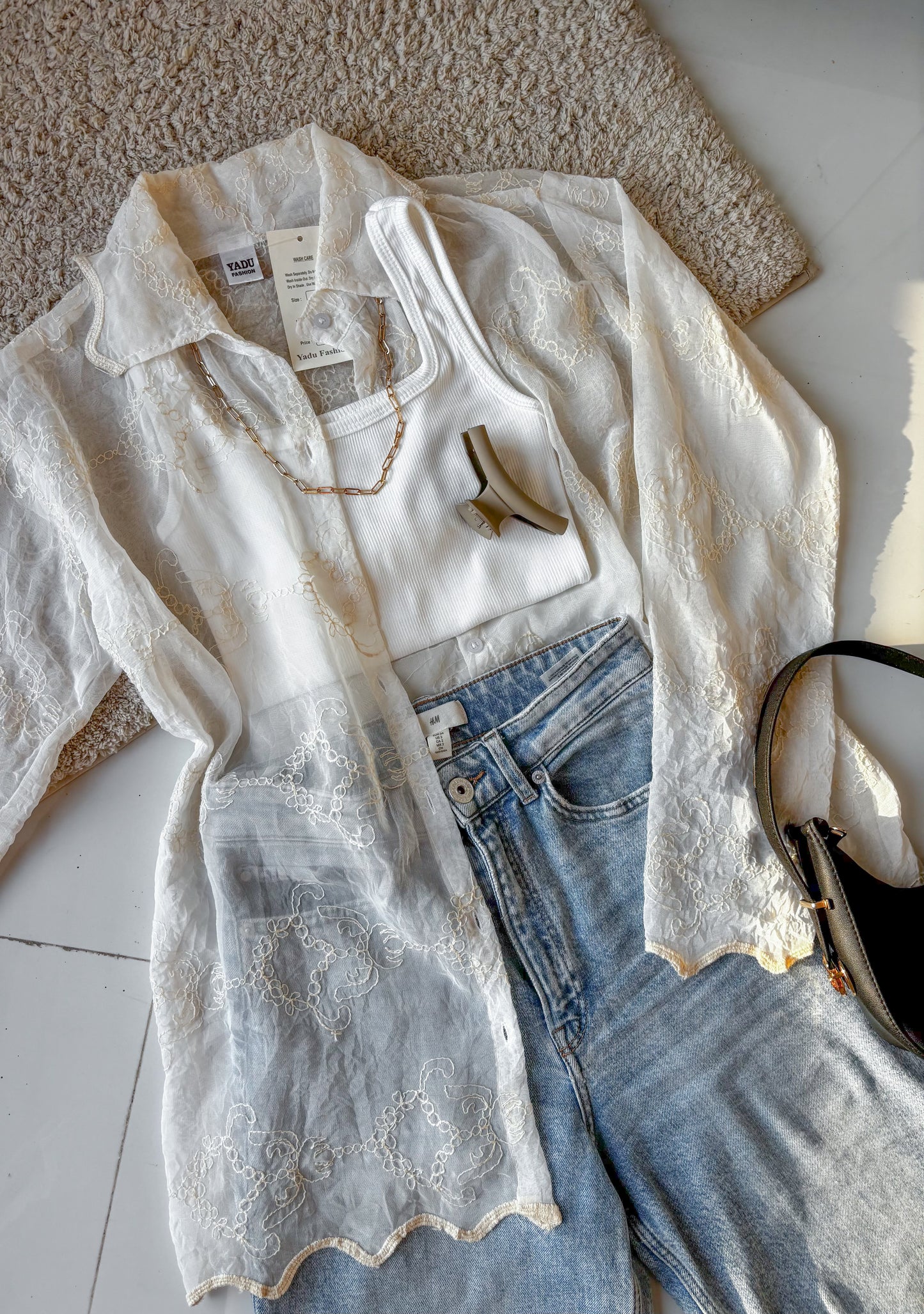 Off white Sheer Embroidery Shirt