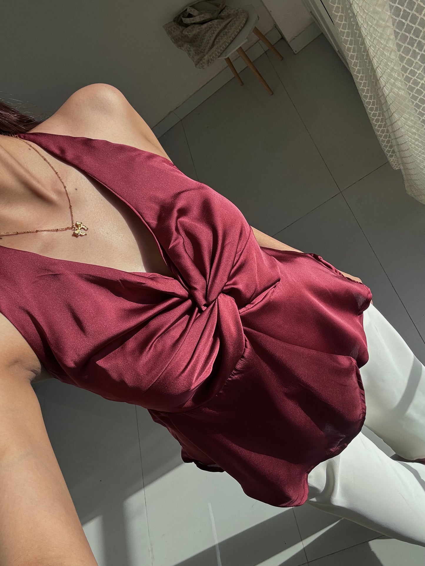 Wine Satin Halter Neck Top