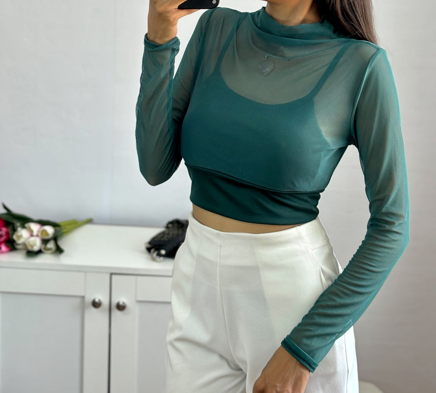 Green Padded Mesh Top For Women