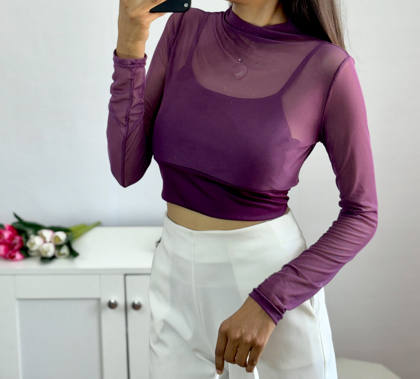 Purple Padded Mesh Top For Women