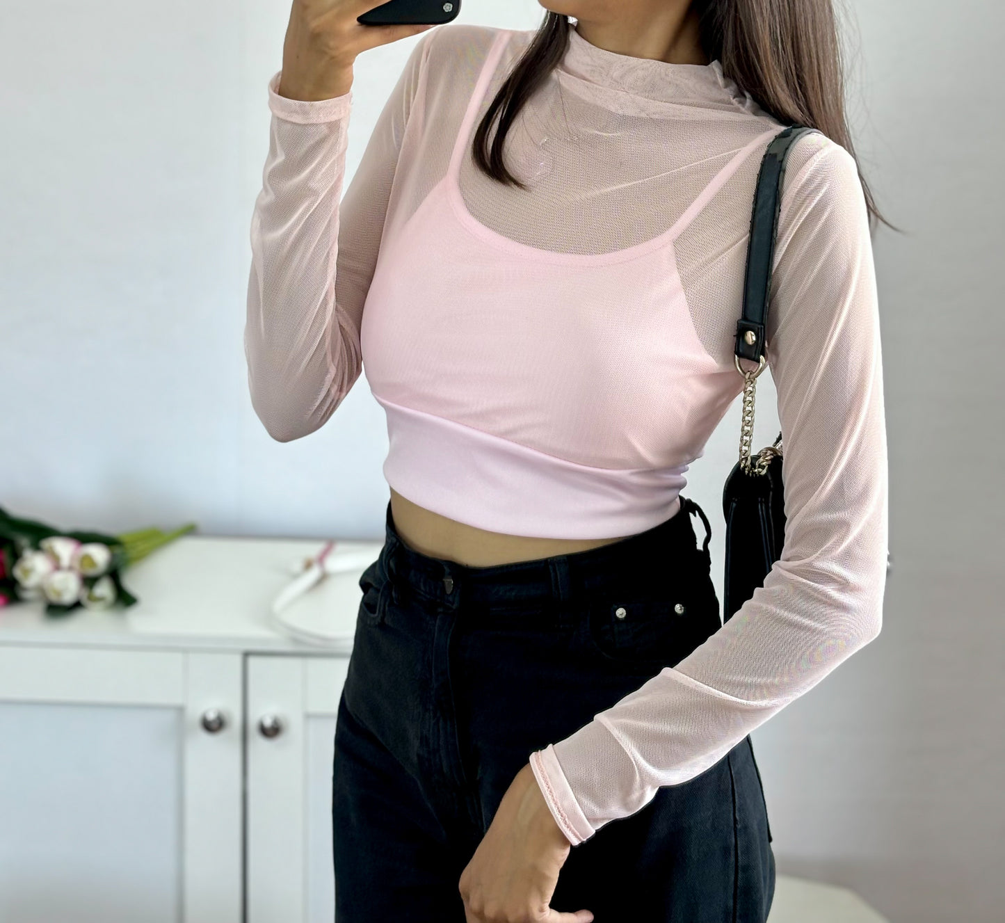 Pink Padded Mesh Top For Women