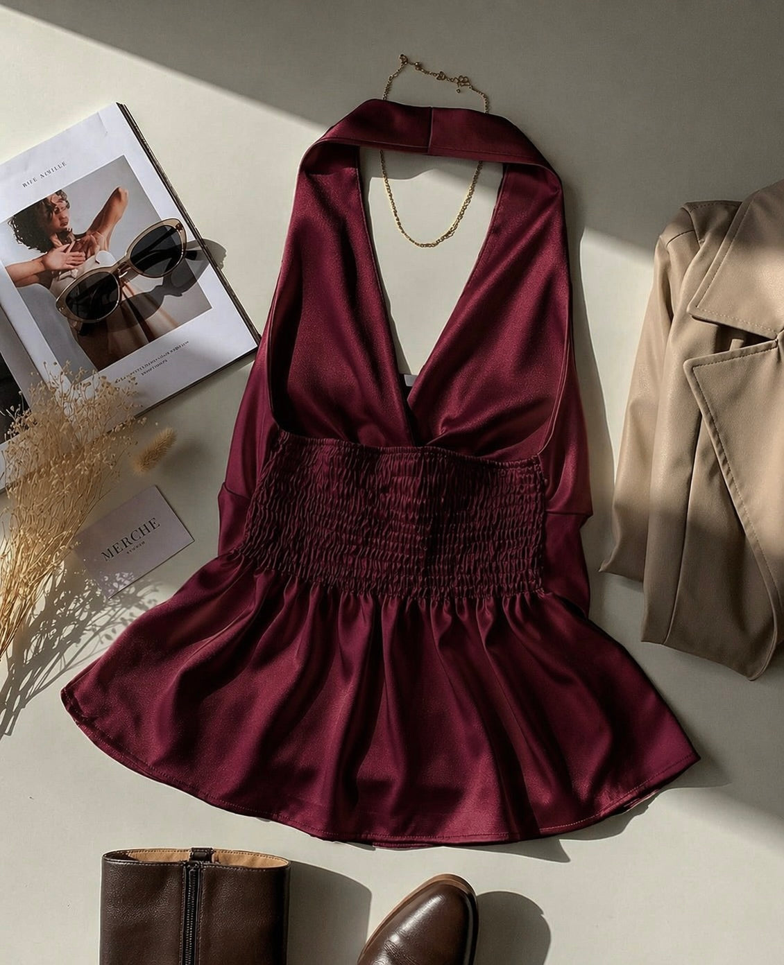 Wine Satin Halter Neck Top