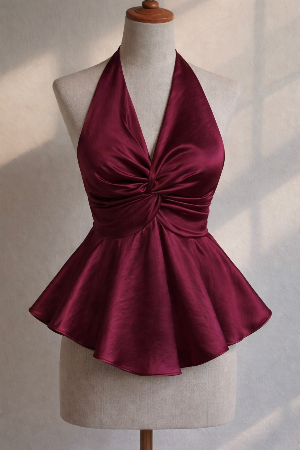 Wine Satin Halter Neck Top