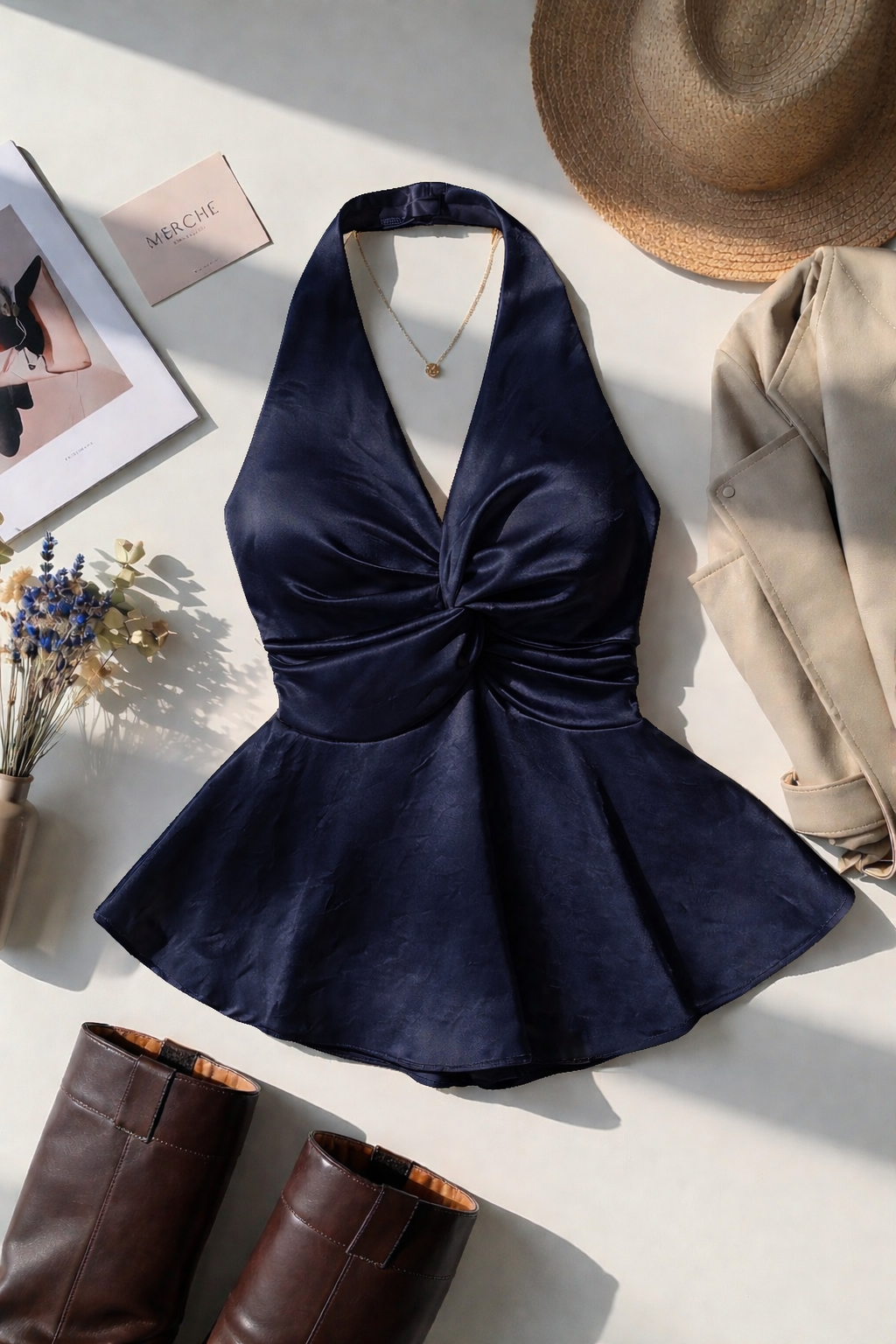 Navy Blue Satin Halter Neck Top
