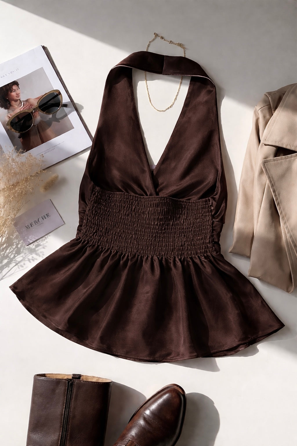 Choco Brown Satin Halter Neck Top