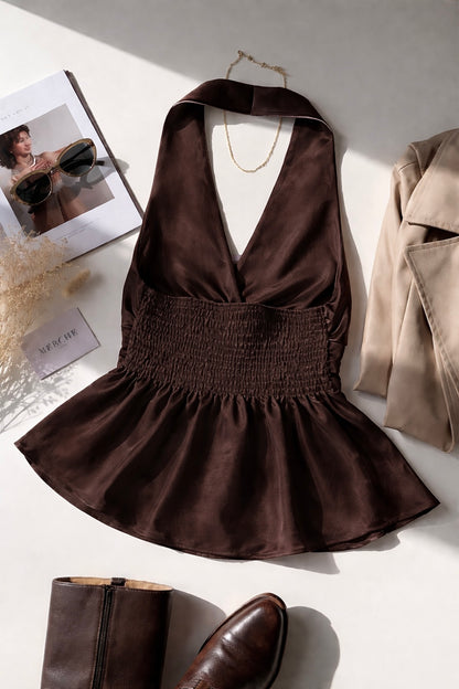 Choco Brown Satin Halter Neck Top