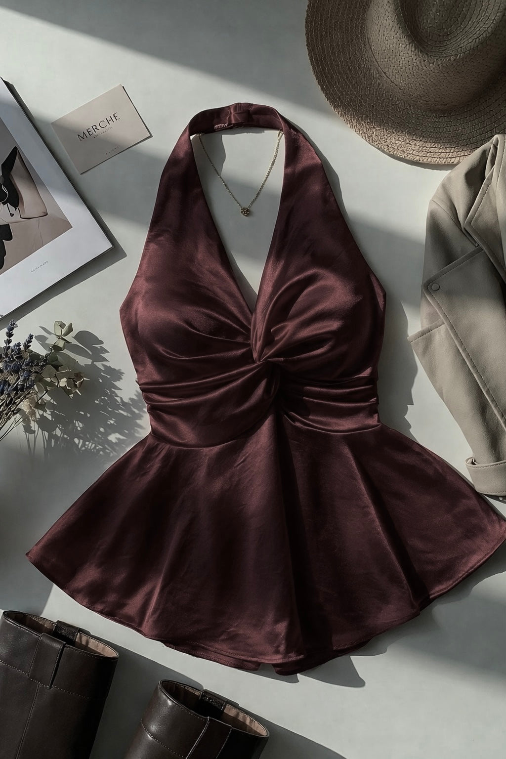 Choco Brown Satin Halter Neck Top