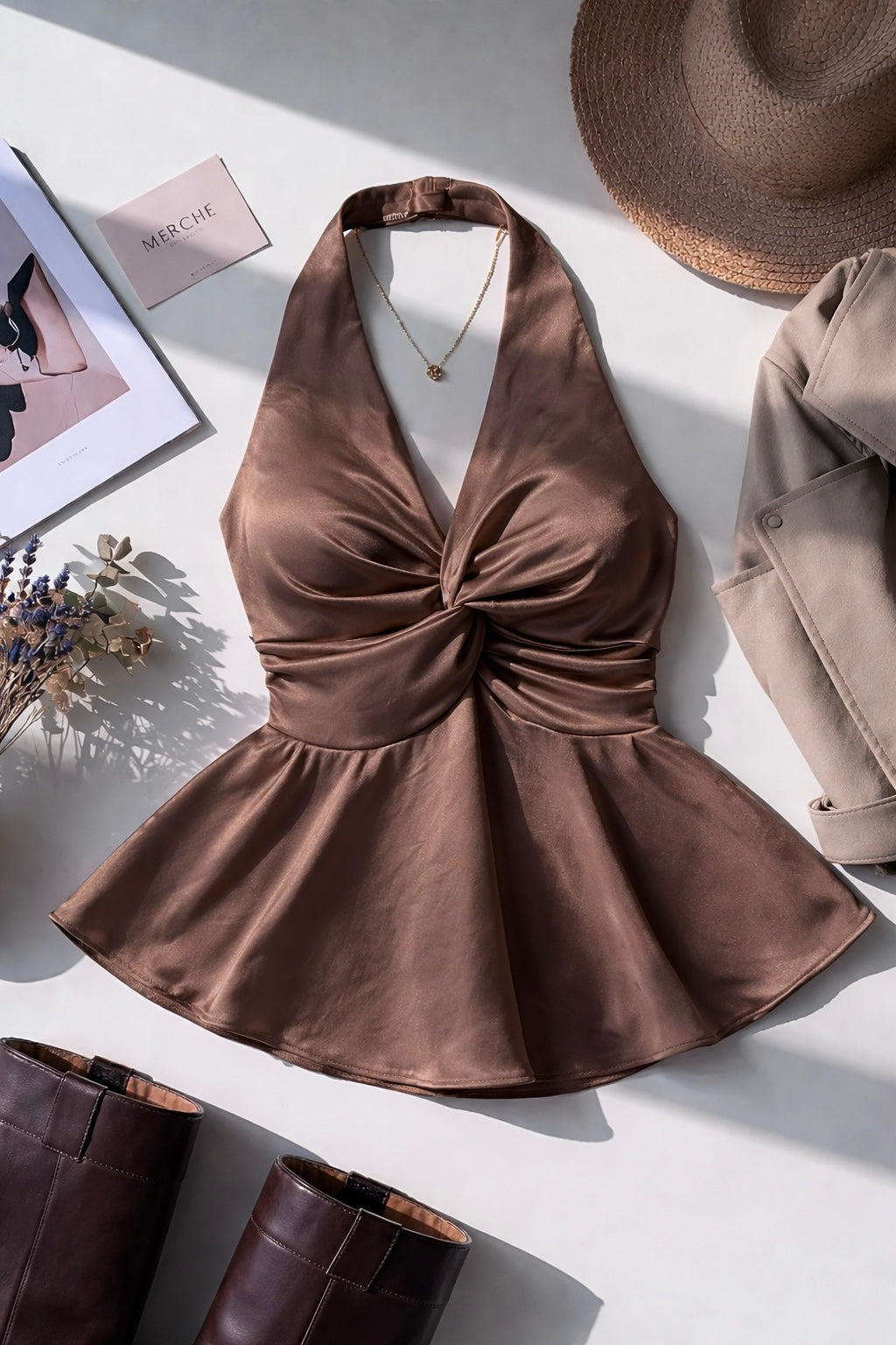Mocha Brown Satin Halter Neck Top