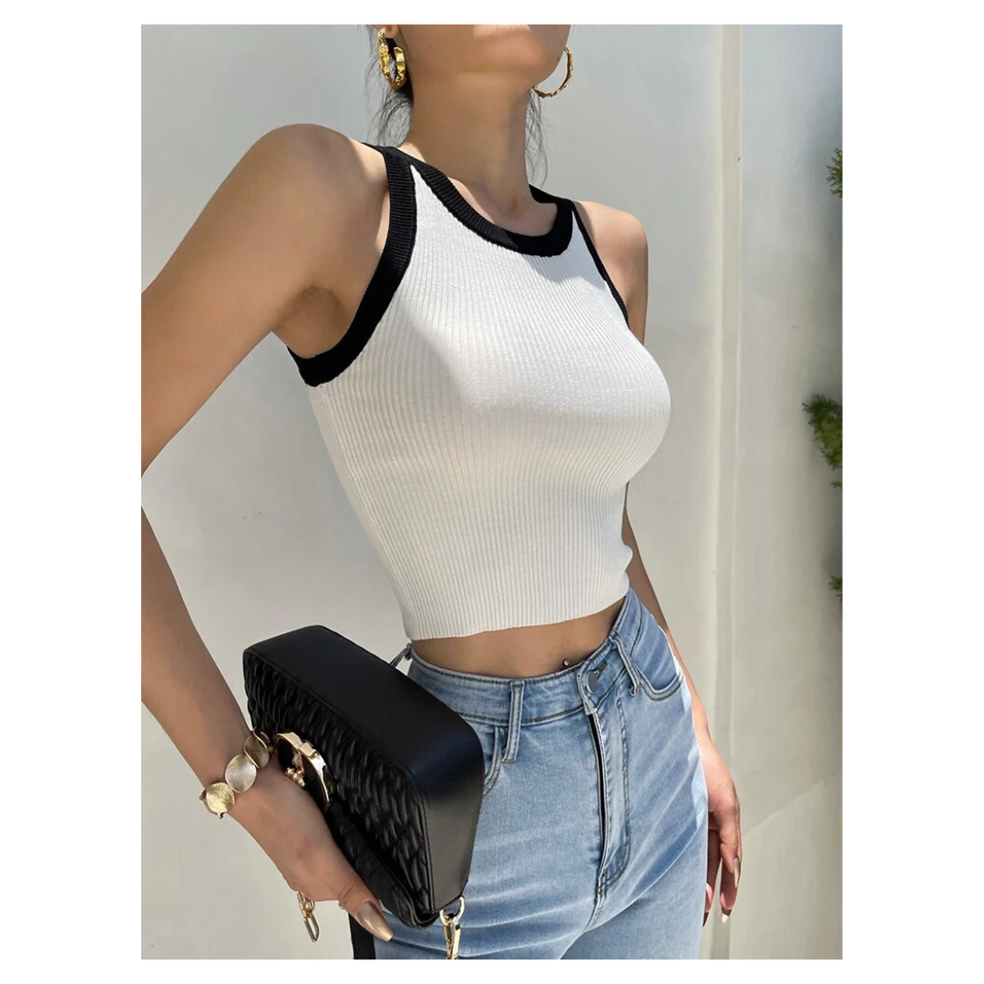 White Contrast Tank Top For Women