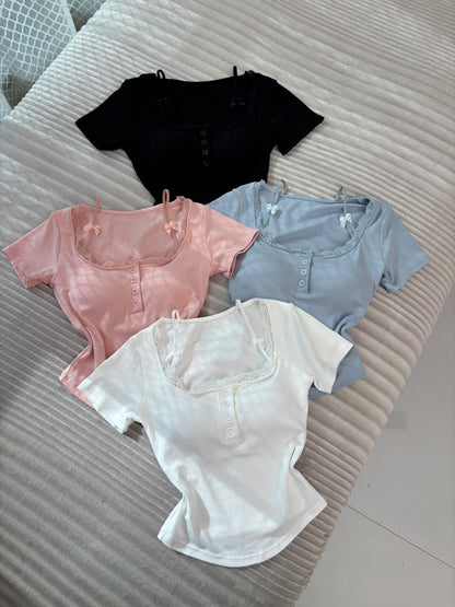 Lacey Bow Built-in Bra Tops