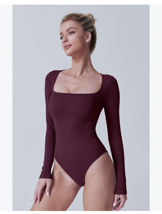 Wine Square Neck Body Suit For Women