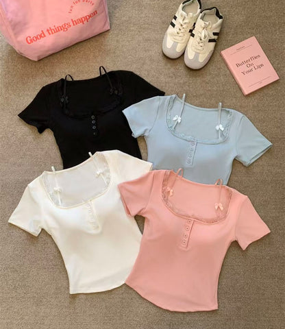 Lacey Bow Built-in Bra Tops