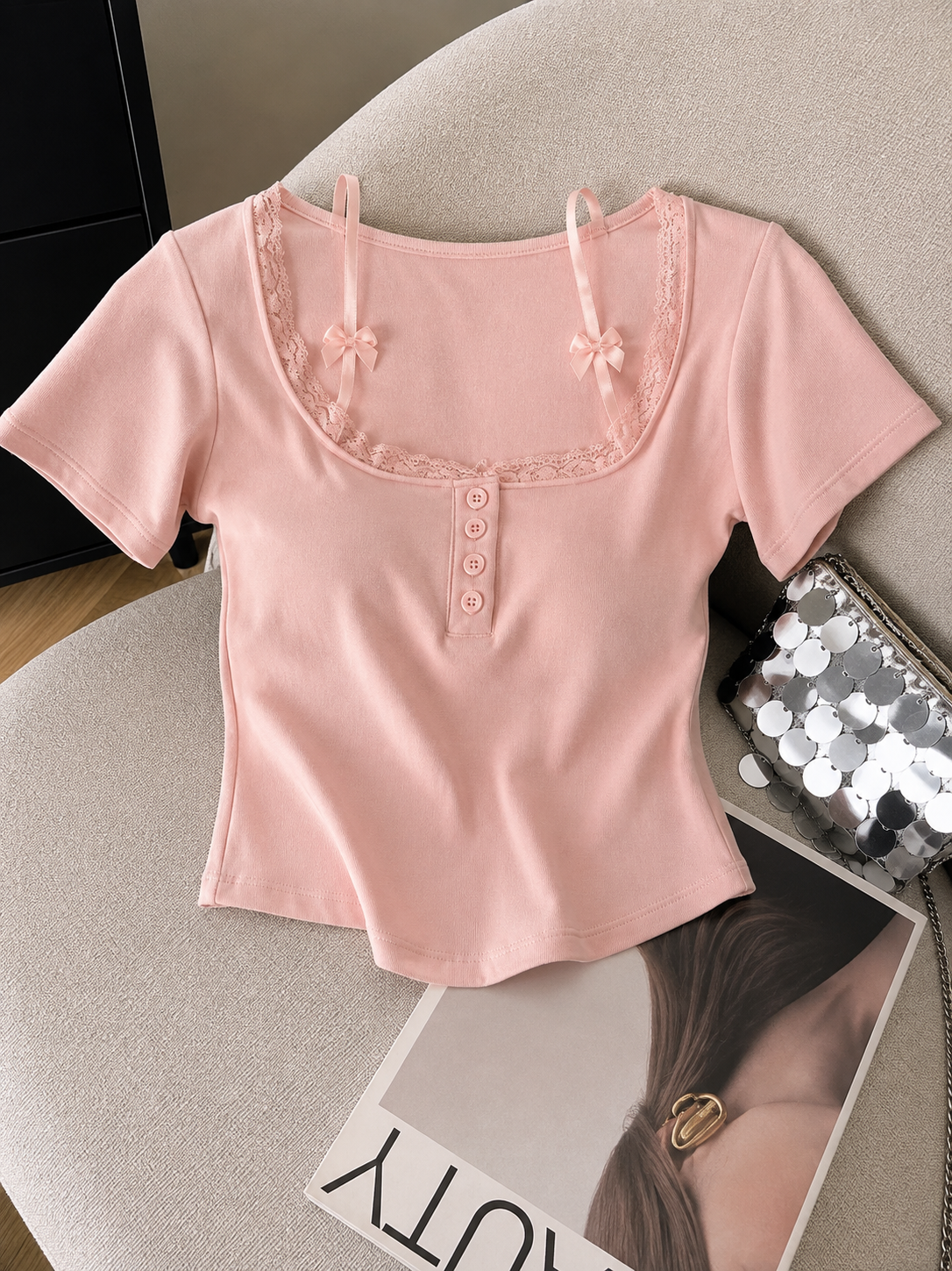 Lacey Bow Built-in Bra Tops