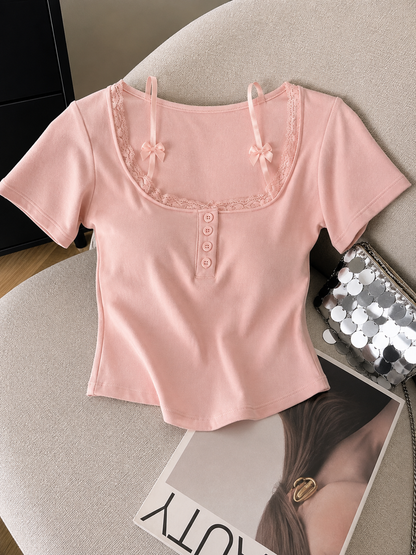Lacey Bow Built-in Bra Tops