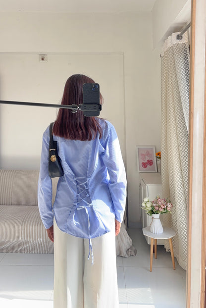 Blue Striped Corset Back Shirt