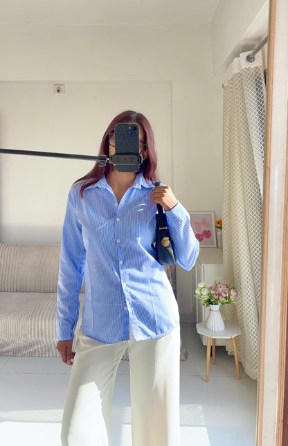 Blue Striped Corset Back Shirt