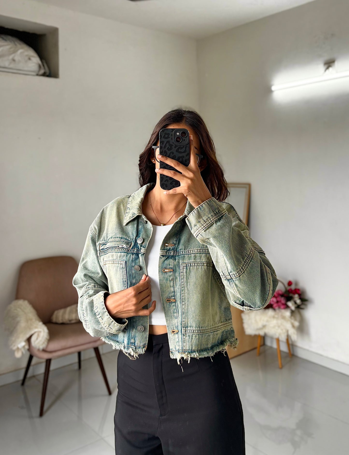 Light vintage wash denim cargo jacket