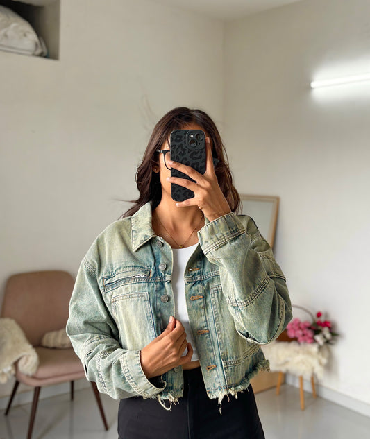 Light vintage wash denim cargo jacket