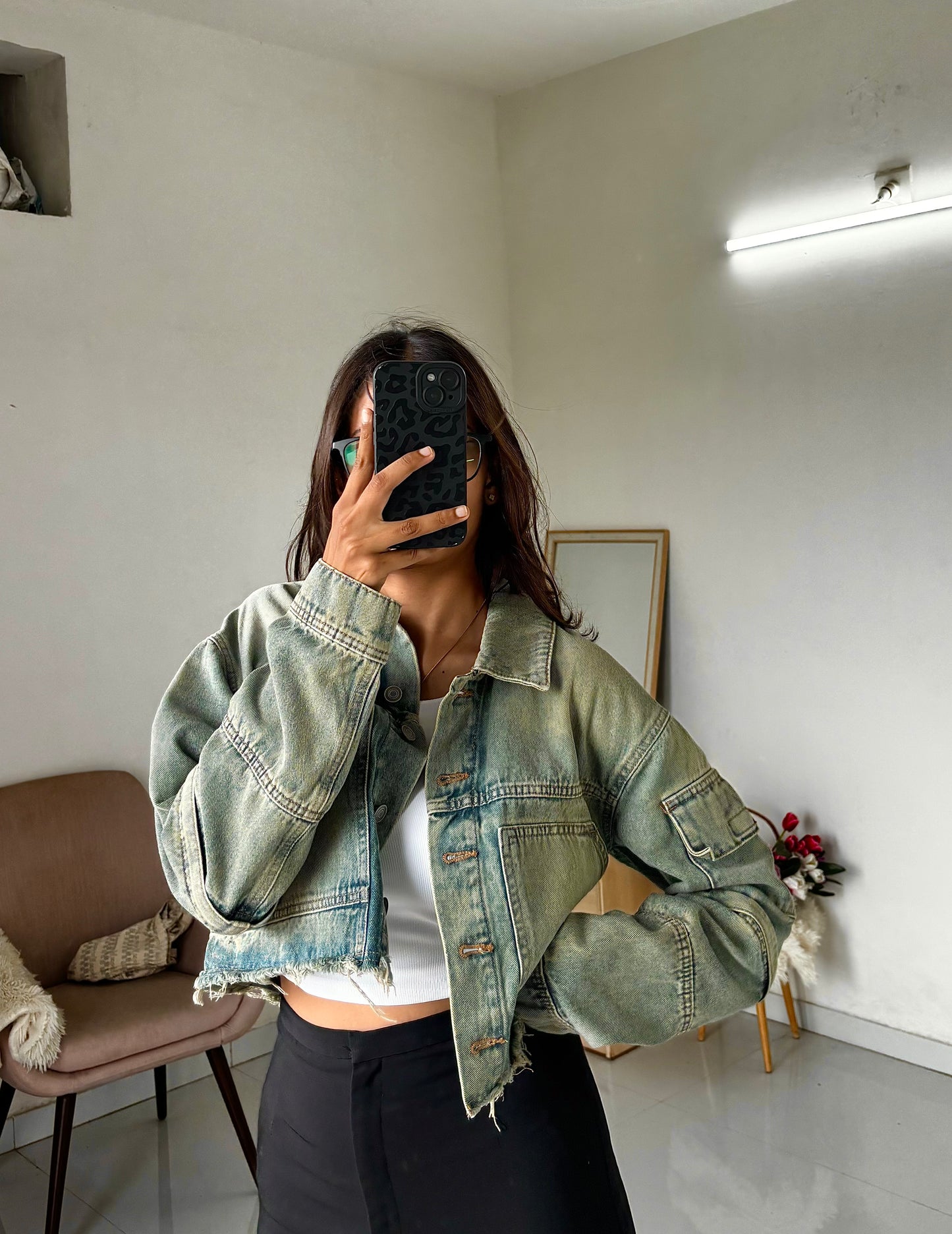 Light vintage wash denim cargo jacket