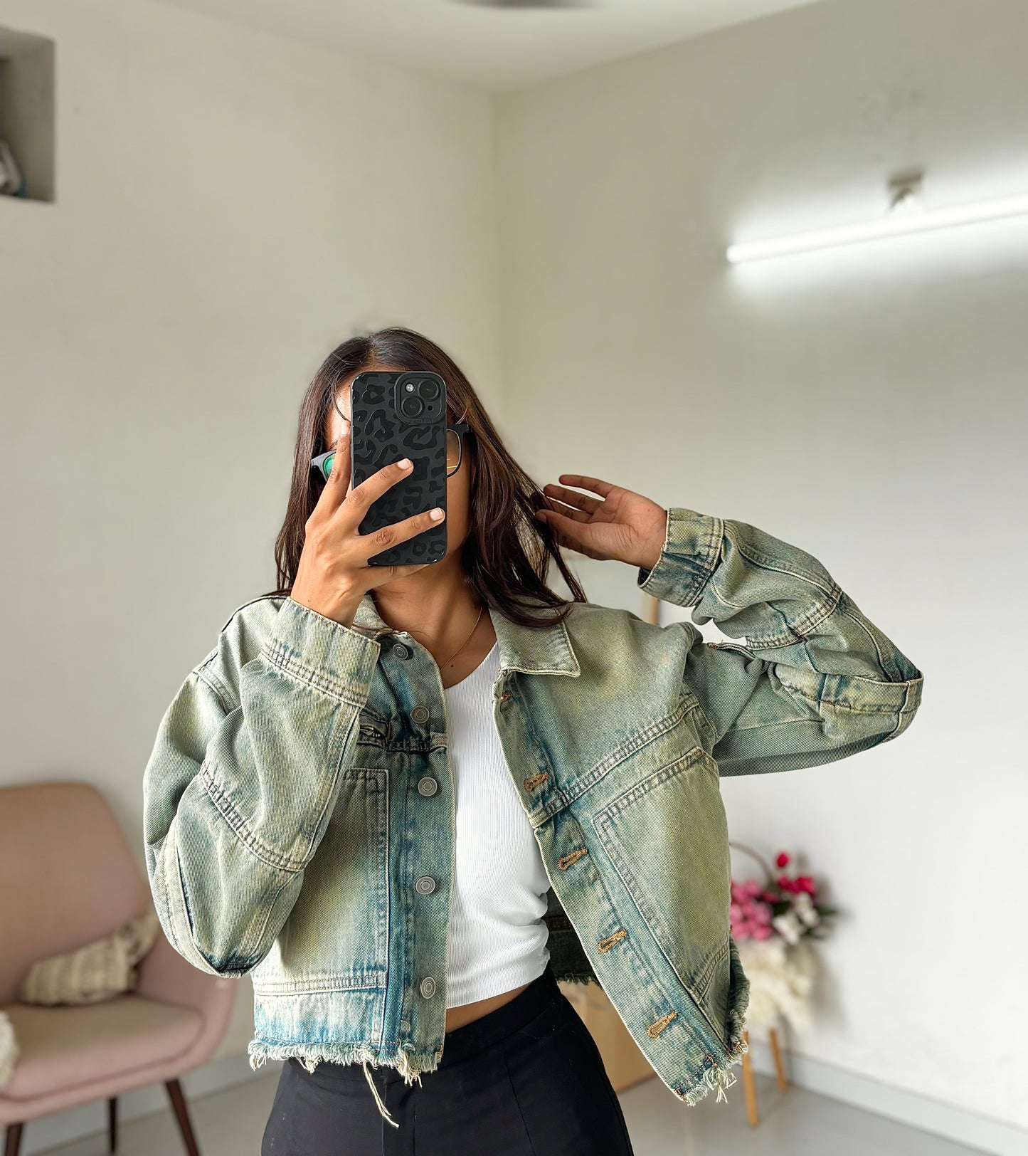Light vintage wash denim cargo jacket