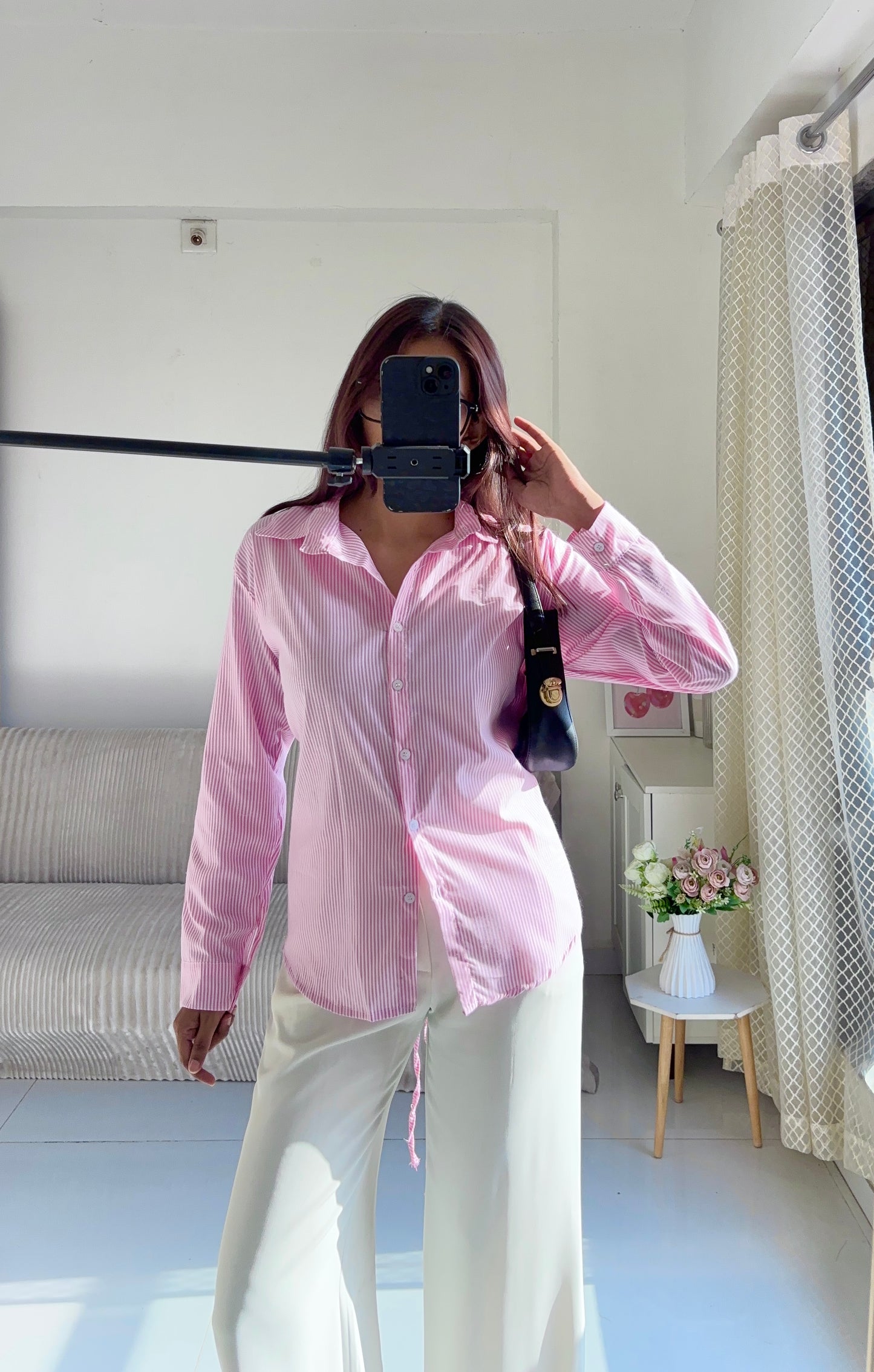 Pink Striped Corset Back Shirt