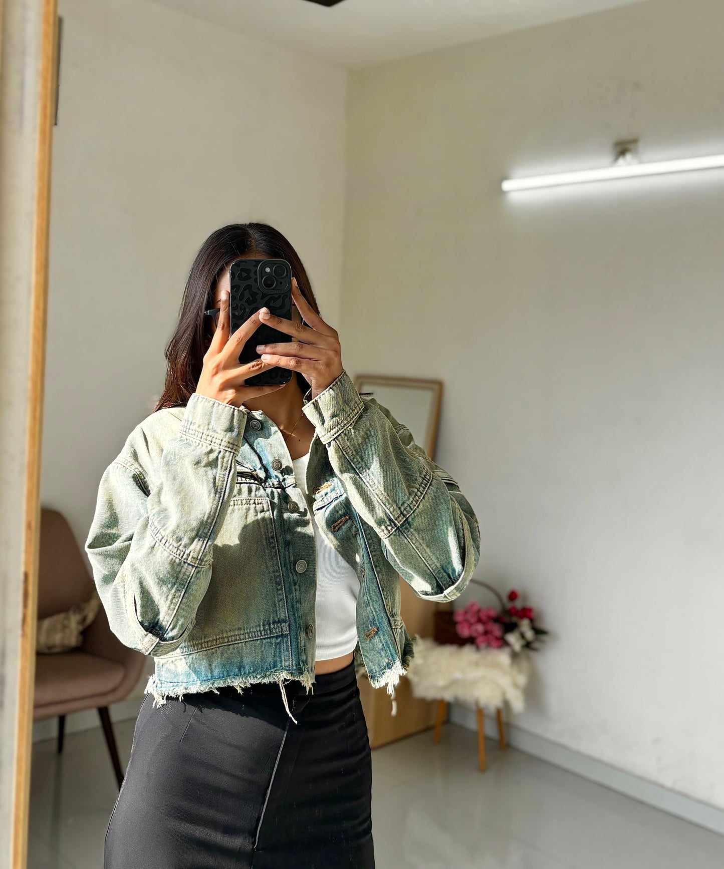 Light vintage wash denim cargo jacket