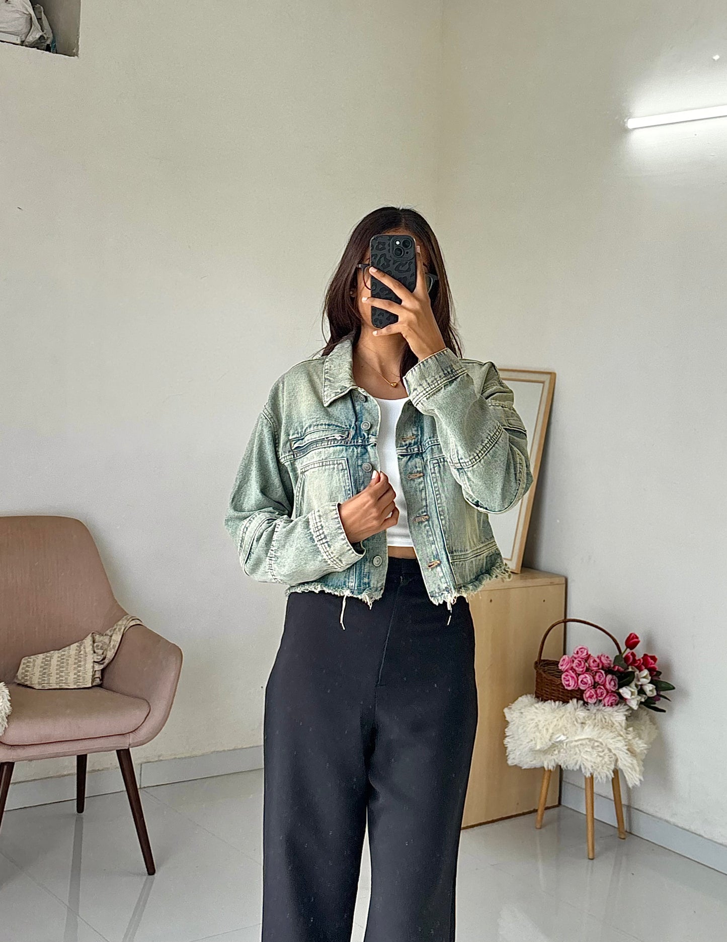 Light vintage wash denim cargo jacket