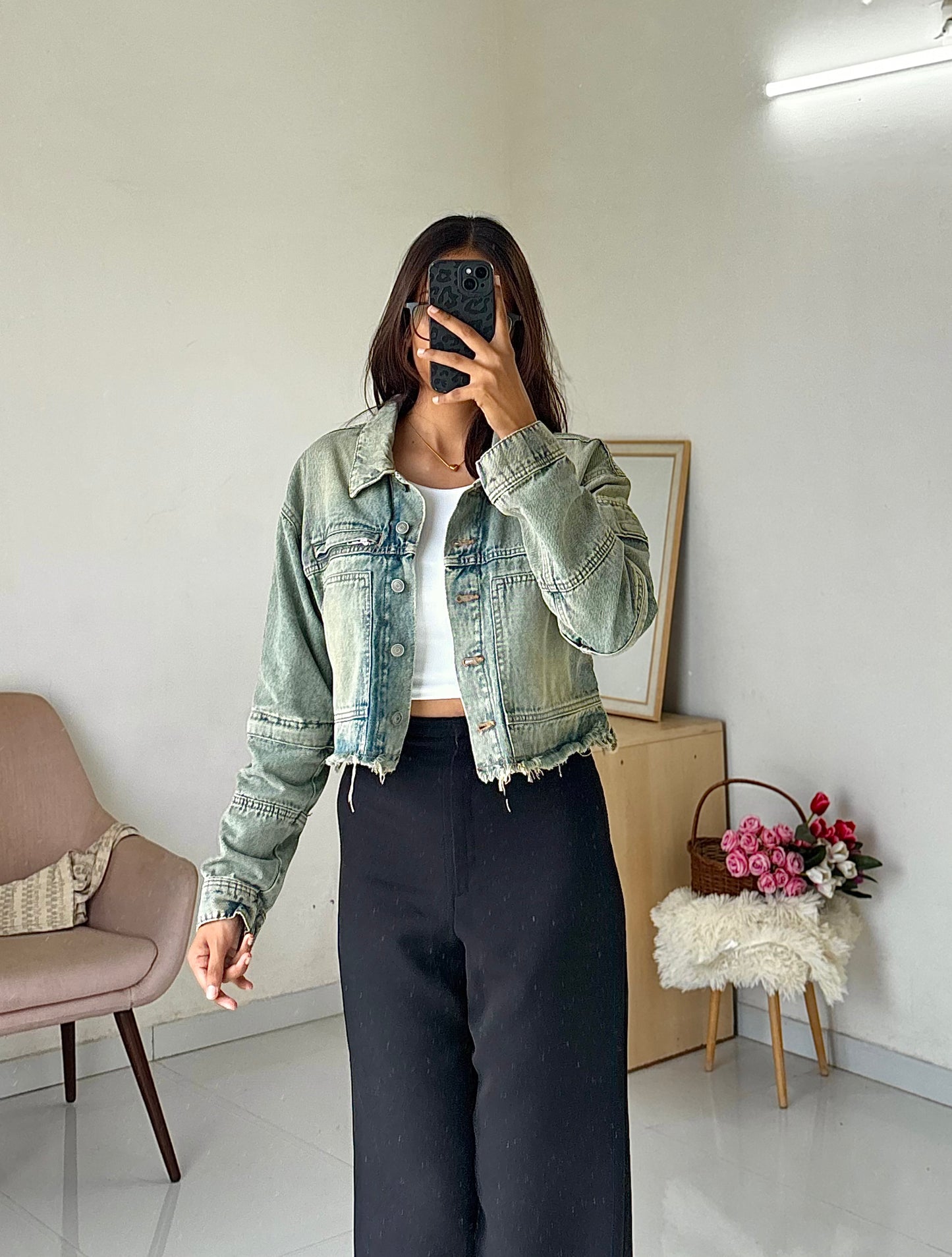 Light vintage wash denim cargo jacket