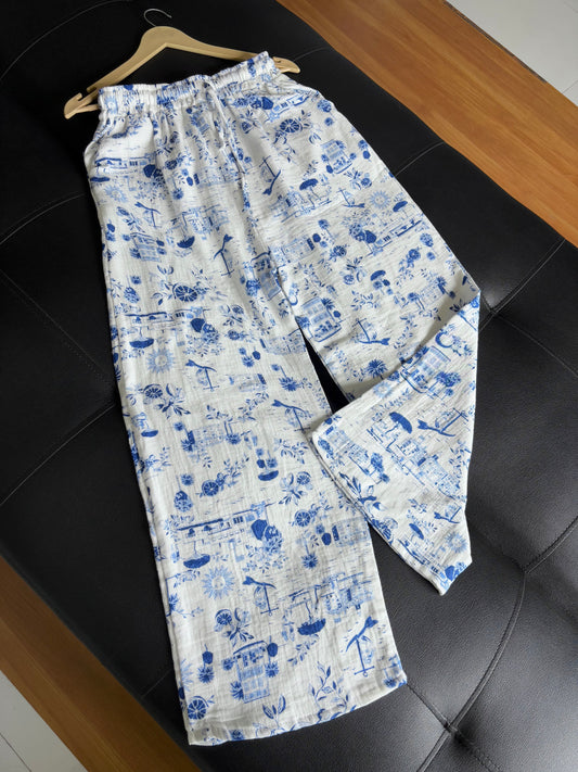White & Blue Printed Pants