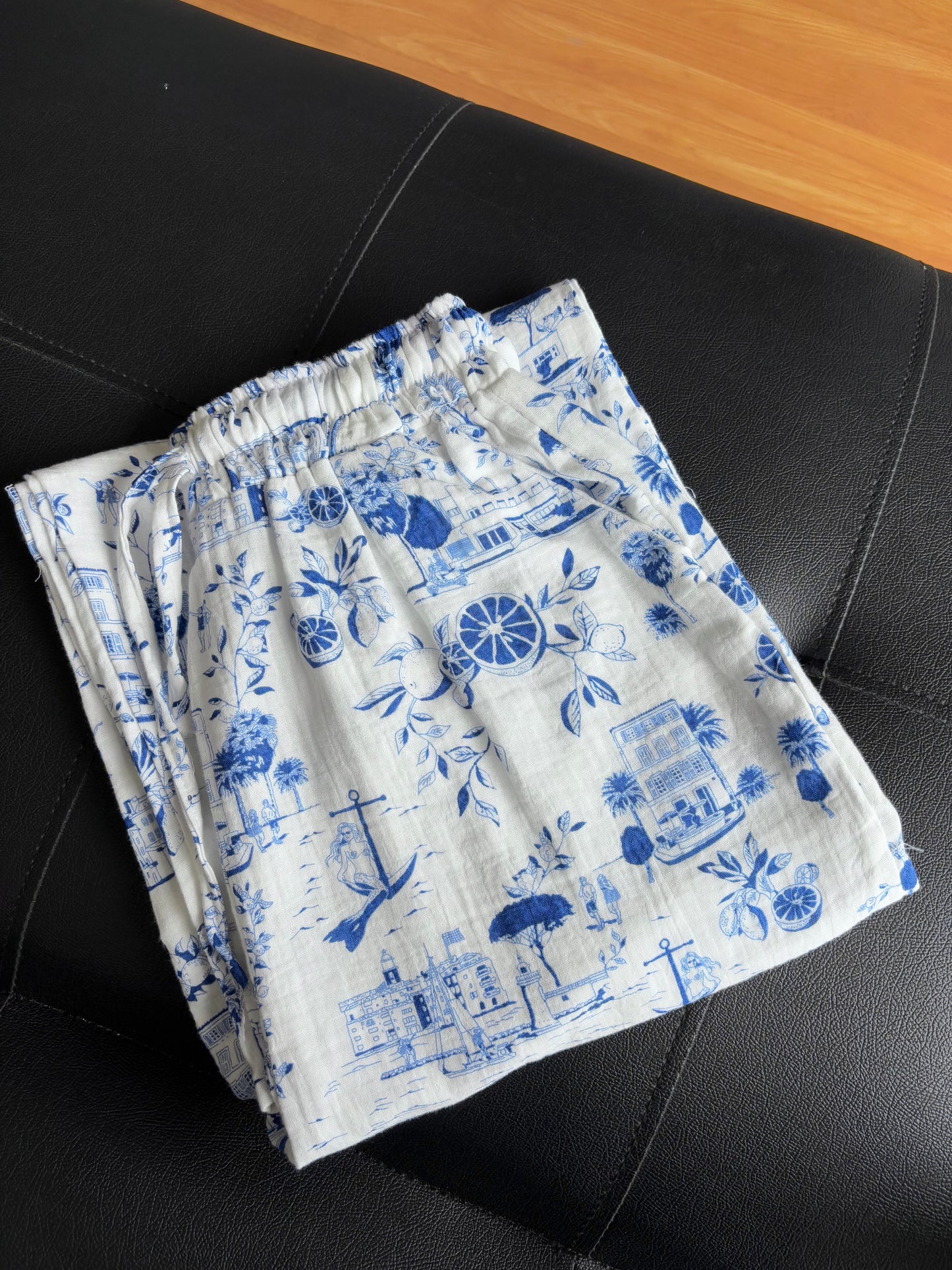 White & Blue Printed Pants