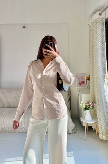 Beige Striped Corset Back Shirt