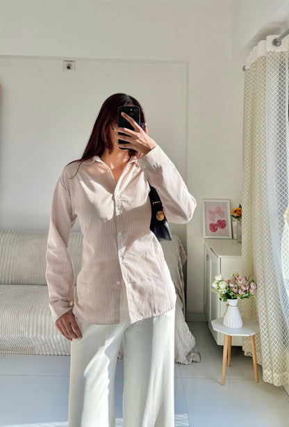 Beige Striped Corset Back Shirt