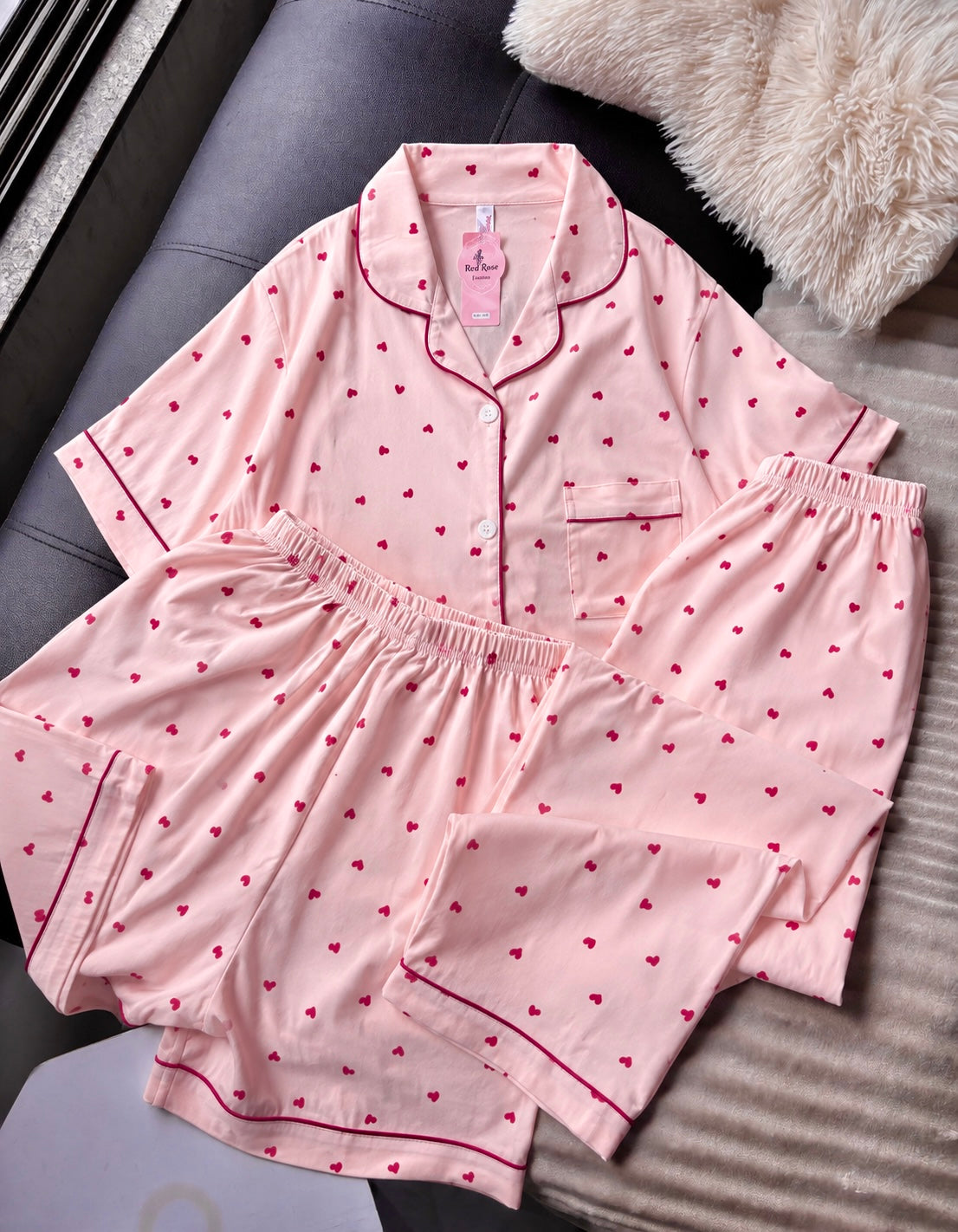 Pink Heart 3 Piece Night Suit