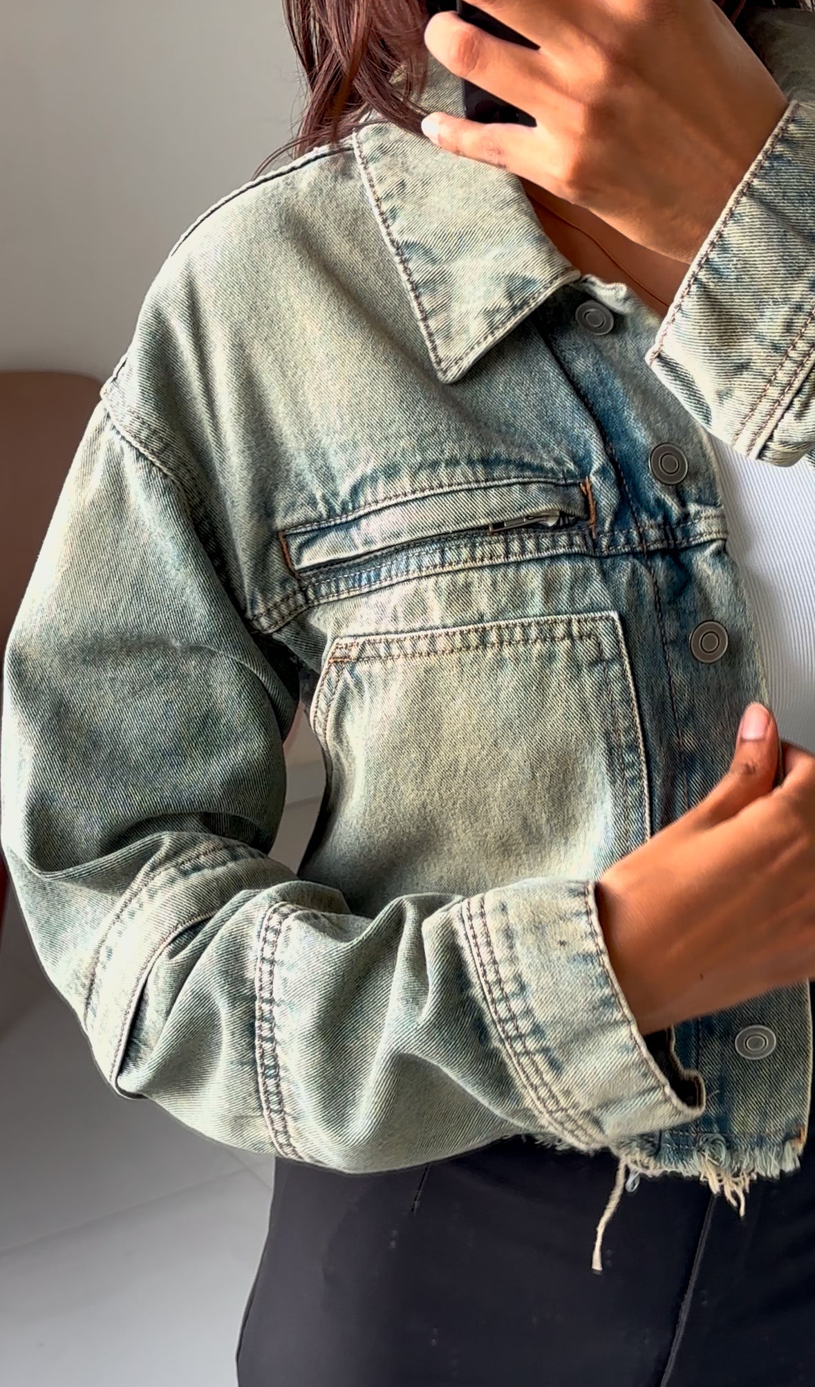 Light vintage wash denim cargo jacket