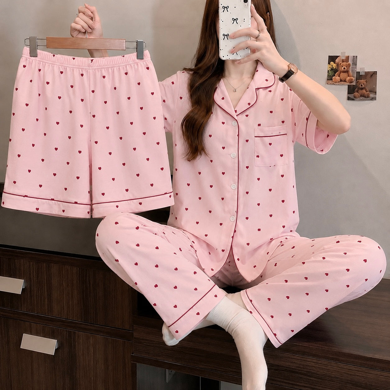 Pink Heart 3 Piece Night Suit