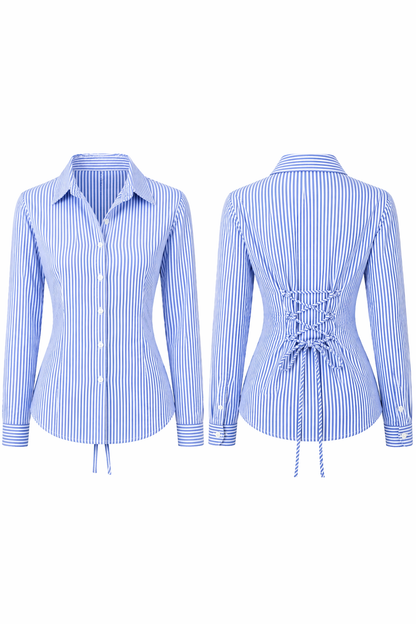 Blue Striped Corset Back Shirt