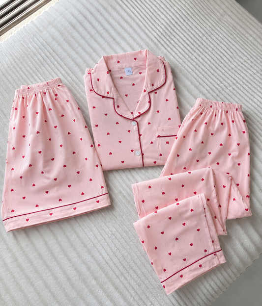 Pink Heart 3 Piece Night Suit