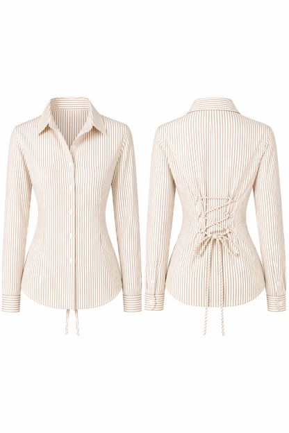 Beige Striped Corset Back Shirt