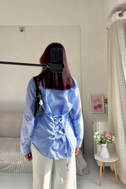 Blue Striped Corset Back Shirt
