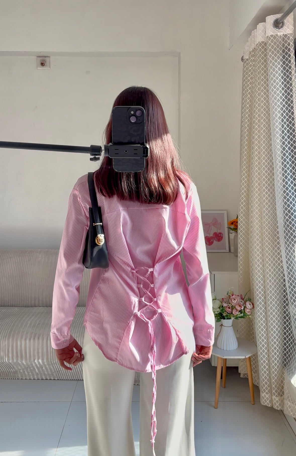 Pink Striped Corset Back Shirt