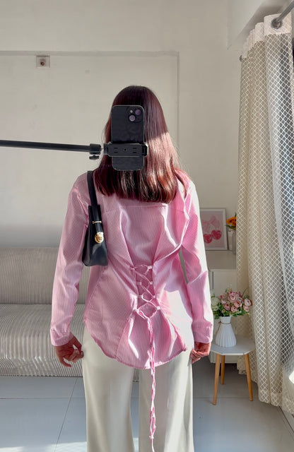 Pink Striped Corset Back Shirt