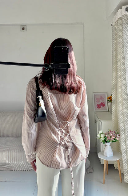Beige Striped Corset Back Shirt
