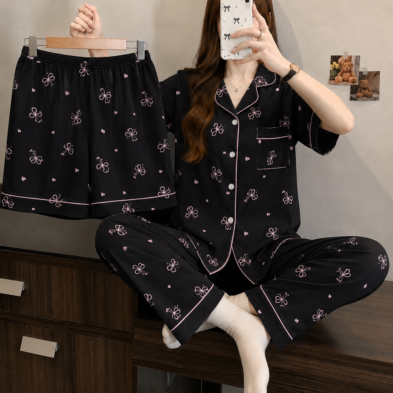 Black Bow 3 Piece Night Suit