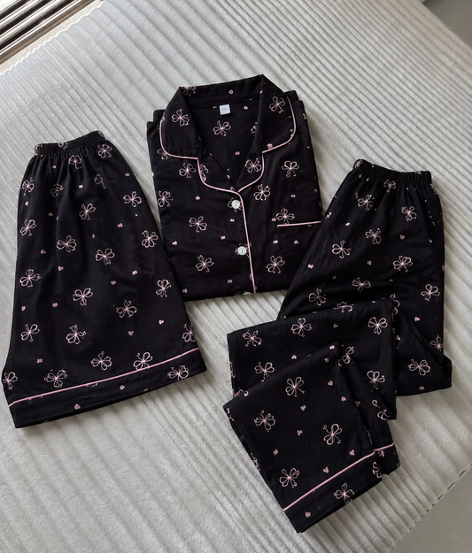 Black Bow 3 Piece Night Suit